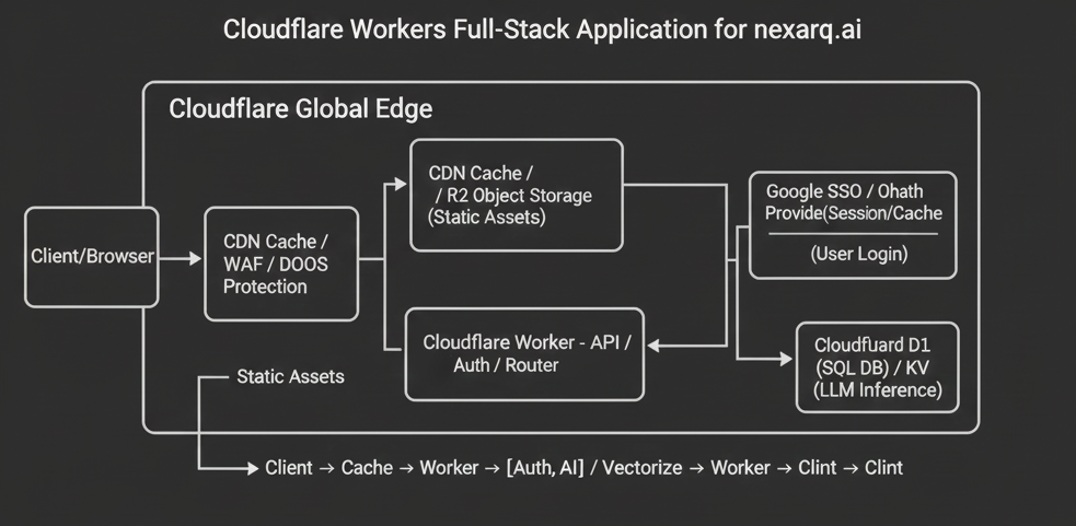 Architecture diagram highlighting Cloudflare Worker, CDN cache, Workers AI, and storage tiers
